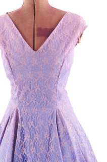   50s VOGUE Sheer Purple Floral Lace Swing Prom PARTY Cocktail DRESS L
