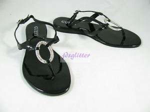 GUESS Black Parker Oval Crystal T Strap Sandals NWT  