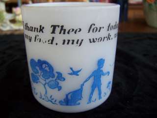 Prayer Mug Hazel Atlas Milk Glass Childs Thank you Cup Blue & White 