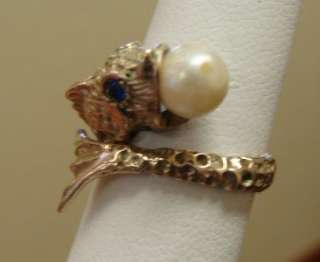   14K YELLOW GOLD LADIES PEARL SAPPHIRE DOLPHIN PINKY RING  