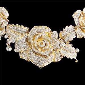 Trio Rose Flower Necklace Earring Set Rhinestone Crystal Clear  