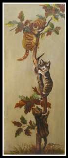 Unusual Antique Cat Oil Painting of Cats in a Tree NR  