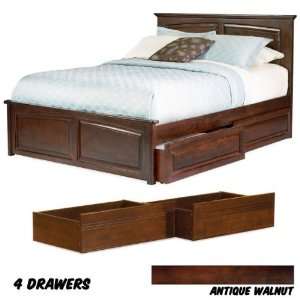  Bed King with Open Foot Rail with 4 Flat Panel Bed Drawers (Antique 