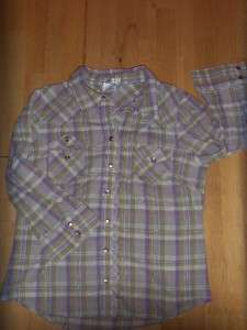 Womens OLD NAVY Purple Green PLAID Western BUTTON UP SHIRT Dress Snaps 