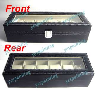Black Leather 6 Grid Watch Display Case Box Jewelry Storage Organizer 