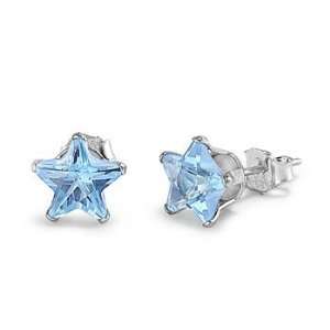    Sterling Silver   4mm Aquamarine CZ Star Stud Earrings Jewelry