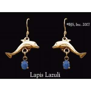 Dolphin Gemstone Earrings, 14k Yellow Gold, Lapis Lazuli set gemstone 