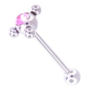    Pink CZ Jeweled Tri Orbital Tongue Ring Straight Barbells Jewelry
