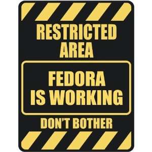   RESTRICTED AREA FEDORA IS WORKING  PARKING SIGN