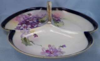 Lovely VIOLET FLOWERS DIVIDED CANDY DISH Porcelain HAND PAINTED NIPPON 