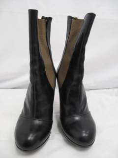 Dries Van Noten Black Leather Brown Elastic Side Mid Calf Heel Boots 