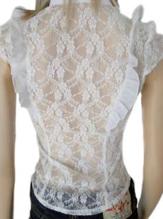 Runway Sexy See Through Floral Lace Ruffle Detail Button Down Blouse 