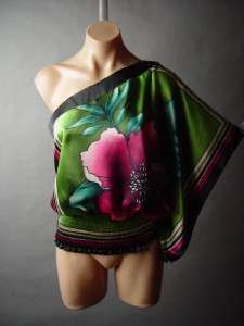 Floral Striped Scarf Style Smocked Waist Single Dolman Sleeve Satin fp 