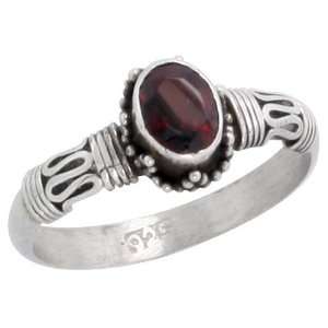 Sterling Silver Bali Style Ring, w/ 7 x 5 mm Oval Cut Natural Garnet 