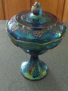 Indiana Blue Harvest Carnival Glass Covered Candy Dish Grape  