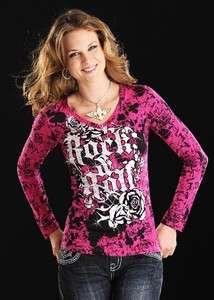   and Roll Cowgirl HOT PINK V NECK JERSEY LONG SLEEVE TOP 48 7026 ROSE