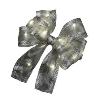 Meilo Creation 6 in. LED Lit Gift Bow Silver Ribbon with Silver Lights 