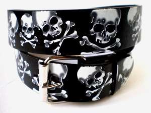 Genuine Leather Snap On Belt Black Buckle Skull Skeleton Punk Rock 