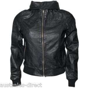 Ladies Womans Black Leather Hooded Hoodie Bomber Jacket  