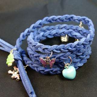 Fashion Pendant Velvet Rope Braid Blue Leather Bracelet  
