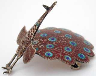 colorful hinged peacock brooch signed Siam VG Sterling 1 7/8 