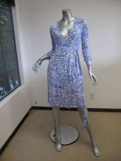 Diane Von Furstenberg Vintage Blue/White Printed Long Sleeve Wrap 