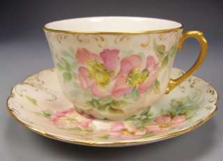 LIMOGES HAND PAINTED ROSES MUSTACHE CUP & SAUCER  