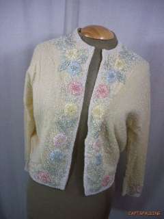 Vtg 50s 60s. Heavily Beaded Cardigan Sweater 38. Wool/Cashmere 