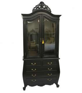French gothic painted furniture display cabinet on bombe chest drawers 
