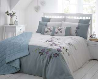 Duckegg Blue & Off White Embroidered Quilt Cover Sets Bedding  Floral 