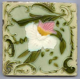 Art Nouveau Majolica tile WHITE & PINK ORCHID 3a  