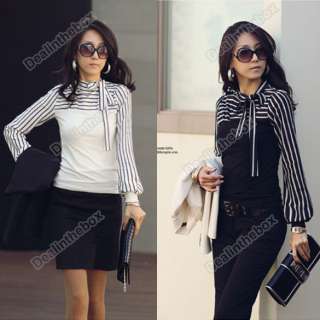 New Great Polo Neck Stripes Long Puff Sleeve Cotton Casual Tops 