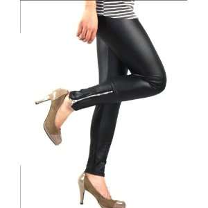 Women Black Faux Leather Cuff Zip up Leggings Tights Pants  