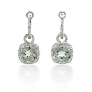  Diamond and Green Amethyst 14k White Gold Dangle Earrings 