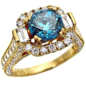  3.26ct Blue Round Diamond Engagement Ring 14k Yellow Gold 