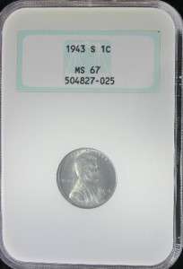 1943 S Lincoln Wheat Cent Zinc/Steel 025 NGC Certified MS 67 Old Fat 