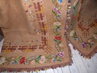 HUGE Pr ANTIQUE FRENCH HAND EMBROIDERED JUTE BURLAP WINDOW CURTAIN 