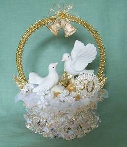 50th Wedding Anniversary Cake Topper with Porcelain Love Birds & Gold 