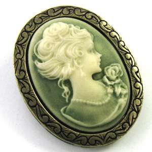 Antique ST Olive Green Lady Cameo Necklace Pin Broach  