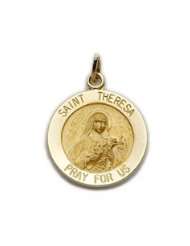 14K Yellow Gold Round St Theresa Medal, Patron of Aviation, Missions 