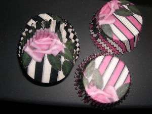 Black Pink Stripe with Rose Cupcake Baking Liners Cups  