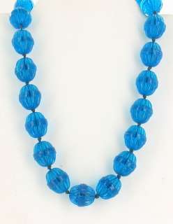   PRESSED GLASS BARREL RIBBED LARGE ROYAL BLUE KNOTTED BEAD NECKLACE