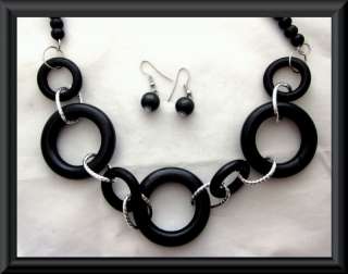 BLACK wooden bead necklace with matching earrings SET  