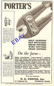 1929 PORTER BOLT CLIPPERS & WIRE CUTTERS AD EVERETT MA  