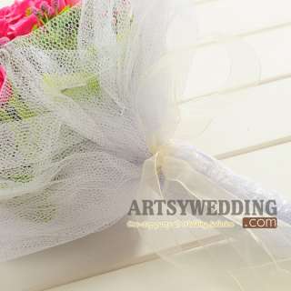 Pink Rose Mesh Wrapped Silk Flower Wedding Bouquet Bridal  