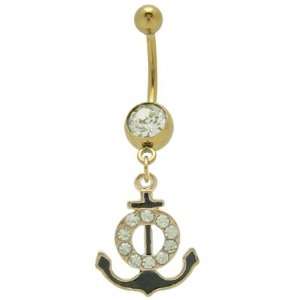  Gold Plated Dangle Boat Anchor Belly Ring with Cz Gem 