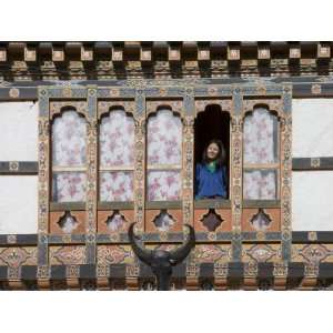 Bhutanese Woman at Window of Typical Bhutanese House, Jankar, Bumthang 