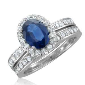 Natural Sapphire Diamond Engagement Wedding Ring Bridal Set 18k White 