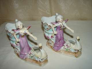 Vintage Pair Porcelain Figurines Women W/Swan Planters  