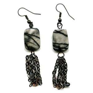    Gunmetal and Zebra Stone Chandelier Chain Earrings Jewelry